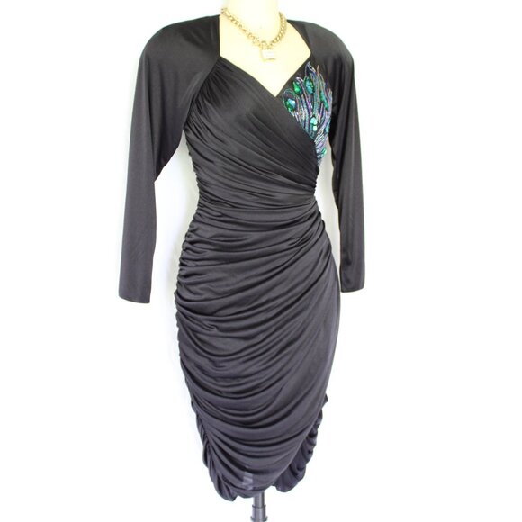 Vintage Abby Kent peacock beaded ruched draped wiggle satin black DISCO dress - Picture 4 of 10